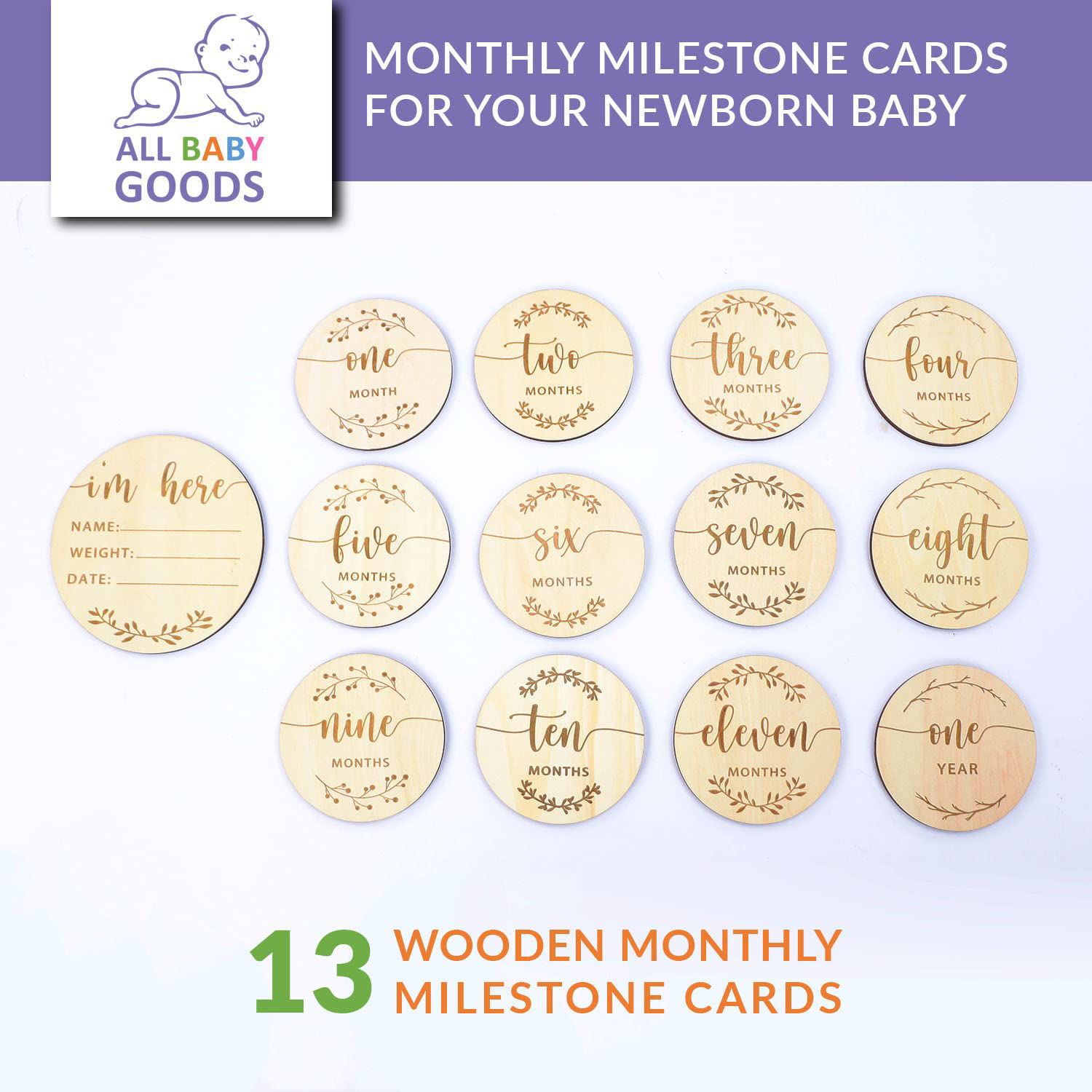 GetUSCart All Baby Goods 13 Wooden Monthly Milestone Cards Double