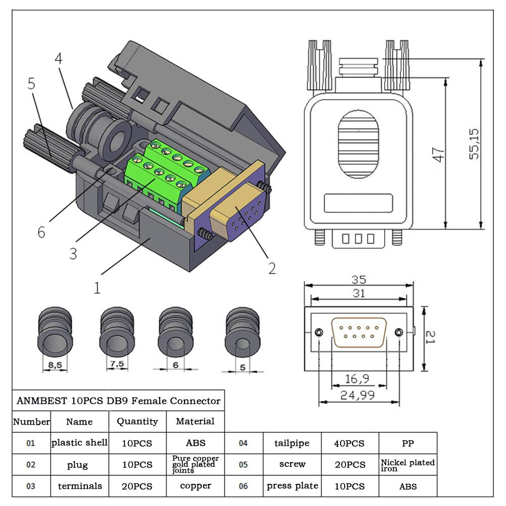 GetUSCart ANMBEST 10PCS DB9 Female Breakout Connector DB9 Solderless