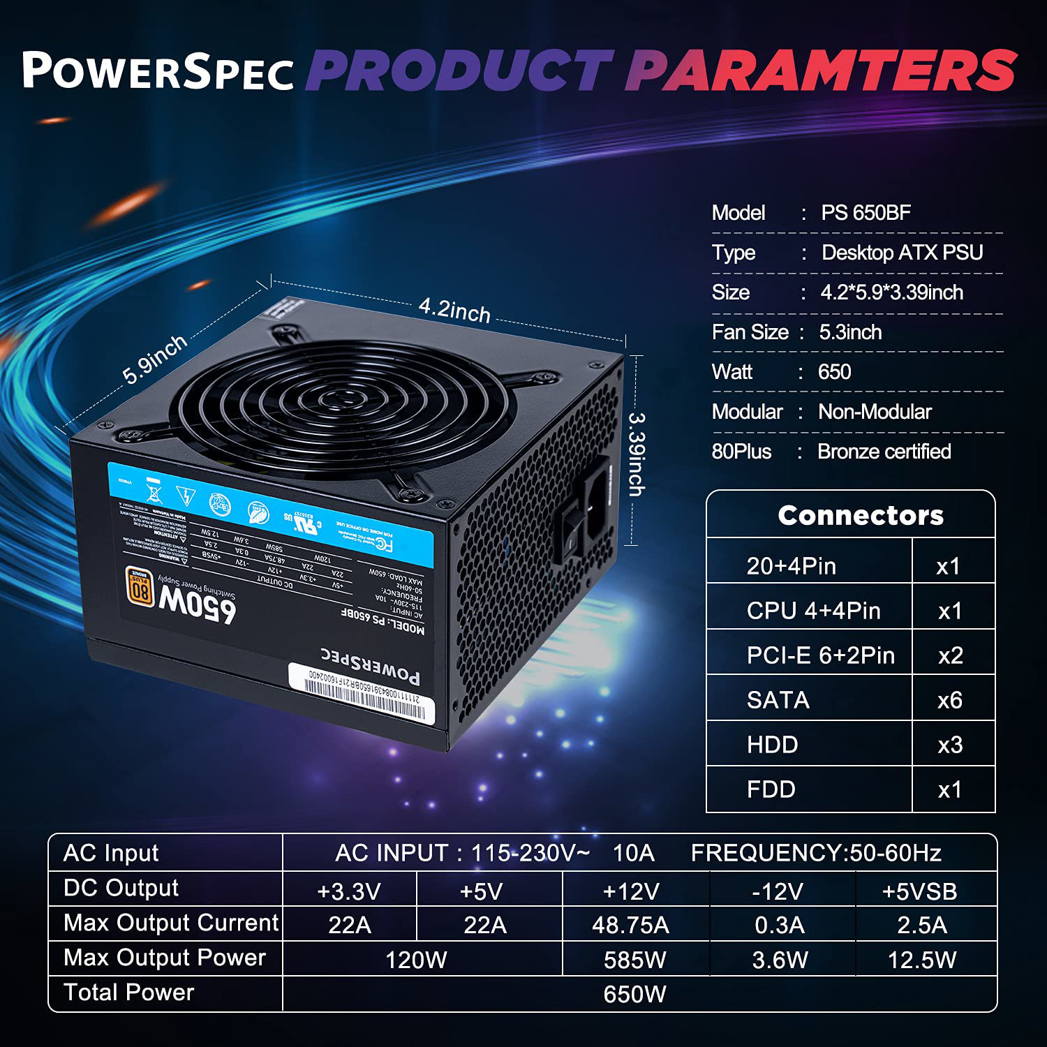 GetUSCart PowerSpec 650W Power Supply 80 Plus Bronze Certified Fixed