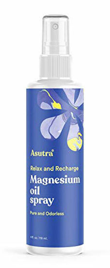 Picture of ASUTRA Topical Magnesium Chloride Oil Spray, 4 fl oz | Rapid Absorption | Relieve Muscle Cramps | Fight Joint Pain | Stress, Anxiety, Headache Relief | Pure Zechstein | Promotes Collagen & Energy