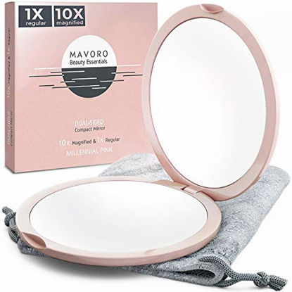 Picture of Magnifying Compact Mirror for Purses, 1x/10x Magnification - Double Sided Travel Makeup Mirror, 4 Inch Small Pocket or Purse Mirror. Distortion Free Folding Portable Compact Mirrors (Millennial Pink)