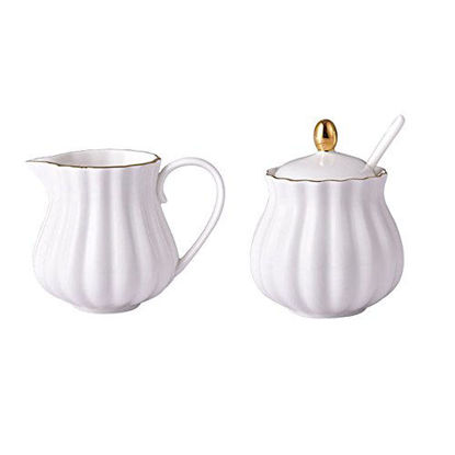 Picture of CHOOLD Elegant Flower Design Ceramic Sugar and Creamer Set with Lid Spoon Creamer Serving Set Coffee Serving Set Wedding Gift 7.5oz