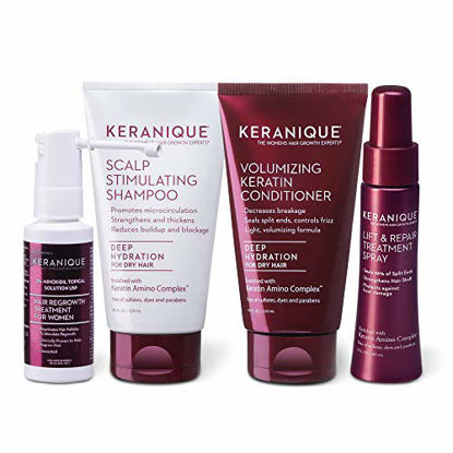 Picture of Keranique Hair Regrowth System 30 Days - Keratin Amino Complex - Free of Sulfates Dyes Parabens, Includes Shampoo and Conditioner, Regrowth Treatment and Lift and Repair Spray for Dry Thinning Hair