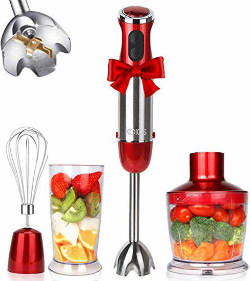 Picture of KOIOS 800W 4-in-1 Multifunctional Hand Immersion Blender, 12 Speed, 304 Stainless Steel Stick Blender, Titanium Plated Blade, 600ml Mixing Beaker, 500ml Food Processor, Whisk Attachment, BPA-Free, Red