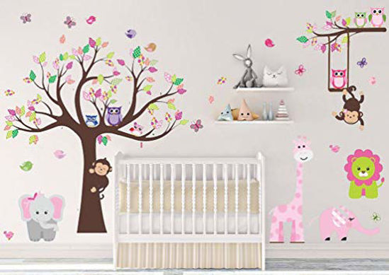 Picture of DEKOSH Kids Pink Jungle Theme Peel & Stick Girl Nursery Wall Decal, Colorful Owl Giraffe Lion Tree Decorative Sticker for Baby Bedroom, Playroom Mural