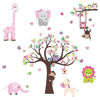 Picture of DEKOSH Kids Pink Jungle Theme Peel & Stick Girl Nursery Wall Decal, Colorful Owl Giraffe Lion Tree Decorative Sticker for Baby Bedroom, Playroom Mural