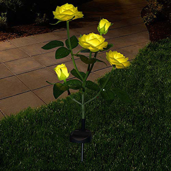 Picture of New Material Outdoor Realistic Solar Powered Rose Lights Flower Stake, for Garden Patio Yard Pathway Decoration, Yellow