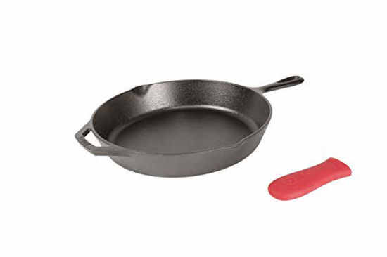 Picture of Lodge Pre-Seasoned Cast Iron Skillet with Assist Handle Holder, 12", Red Silicone