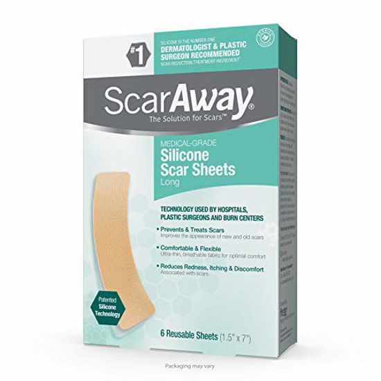 Picture of ScarAway Advanced Skincare Long Silicone Scar Sheets for Hypertrophic Scars and Keloids Caused by Surgery, Injury, Burns, C-Section and More, 1.5" x 7", 6 Sheets