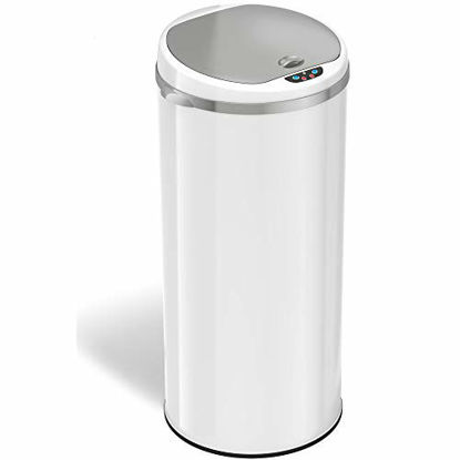 Picture of iTouchless 13 Gallon Touchless Sensor Trash Can with Odor Filter System, Round Steel Garbage Bin, Perfect for Home, Kitchen, Office, Alpine White
