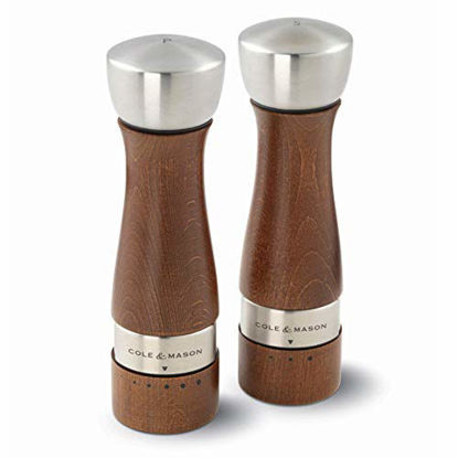 Picture of COLE & MASON Oldbury Wood Salt and Pepper Grinder Set - Wooden Mills Include Gift Box, Gourmet Precision Mechanisms and Premium Sea Salt & Peppercorns, Brown