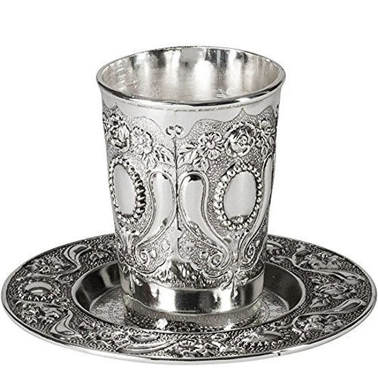 Picture of Ner Mitzvah Kiddush Cup and Tray - Premium Quality Nickel Plated Wine Cup - For Shabbat and Havdalah - Judaica Shabbos and Holiday Gift