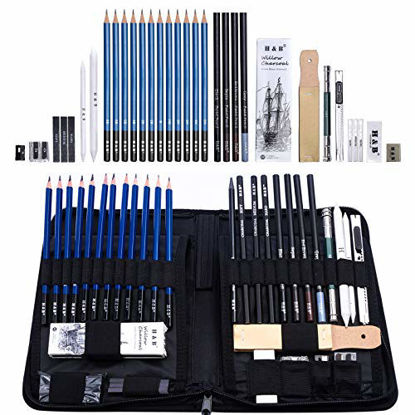 Picture of H & B Sketching Pencils Set, 40-Piece Drawing Pencils and Sketch Kit, Complete Artist Kit Includes Graphite Pencils, Pastel Pencils, Sharpener & Eraser, Professional Sketch Pencils Set for Drawing