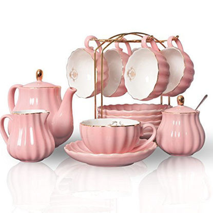 Picture of Porcelain Tea Sets British Royal Series, 8 OZ Cups& Saucer Service for 6, with Teapot Sugar Bowl Cream Pitcher Teaspoons and tea strainer for Tea/Coffee, Pukka Home (Pink)