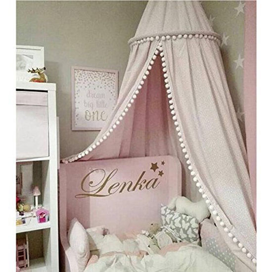 Picture of LOAOL Kids Bed Canopy with Pom Pom Hanging Mosquito Net for Baby Crib Nook Castle Game Tent Nursery Play Room Decor (Pink)