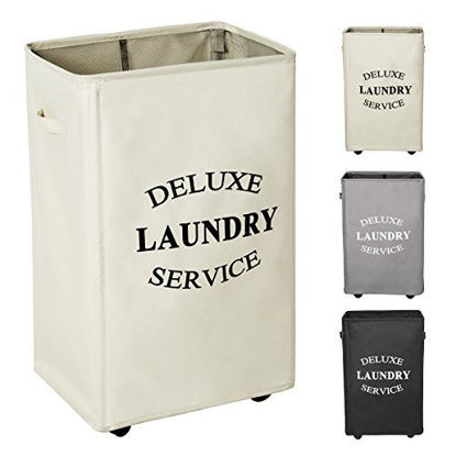 Picture of WOWLIVE 90L Large Rolling Laundry Hamper with Wheels Collapsible Laundry Basket on Wheels Durable Laundry Bag on Wheels Foldable Rectangular Hampers for Laundry (Beige)