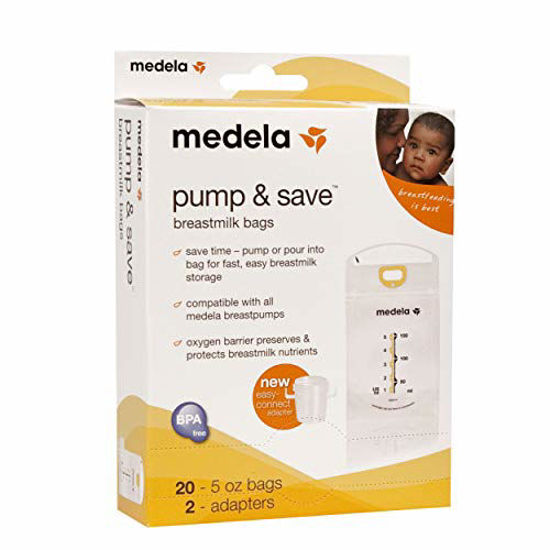 Picture of Medela Pump & Save Breast Milk Storage Bags, 20 Count Pack, Breastmilk Freezer Bags, Pour or Pump Directly into Bags with Included Easy Connect Adaptors, Made Without BPA