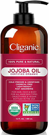 Picture of USDA Organic Jojoba Oil 16 oz with Pump, 100% Pure | Bulk, Natural Cold Pressed Unrefined Hexane Free Oil for Hair & Face | Base Carrier Oil - Certified Organic