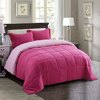 Picture of HIG 3pc Down Alternative Comforter Set - All Season Reversible Comforter with Two Shams - Quilted Duvet Insert with Corner Tabs -Box Stitched -Hypoallergenic, Soft, Fluffy (Full/Queen, Pink)