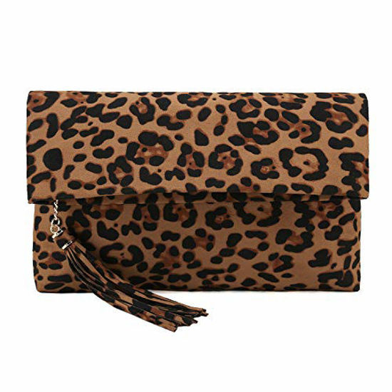 CHARMING TAILOR Leopard Clutch Bag for Women Tassel Foldover Clutch Faux  Suede Dressy Purse for Day to Evening