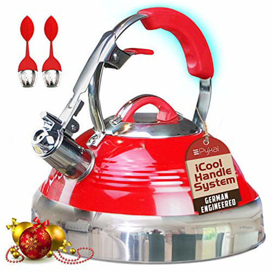 Picture of The Red Hotness Whistling Tea Kettle with iCool-Handle Technology and 2 x Free Loose Tea Infusers, Surgical Stainless Steel, Compatible on all Stovetops - Induction or Gas, 2.8 QT Volume