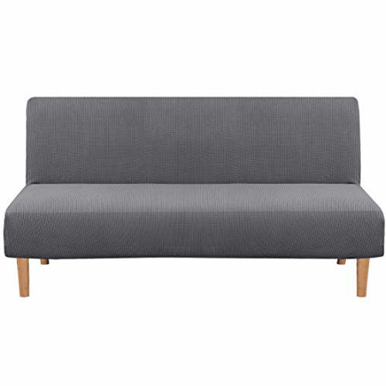 Picture of Armless Futon Cover Stretch Sofa Bed Slipcover Protector Elastic Feature Rich Textured High Spandex Small Checks Jacquard Fabric Sofa Shield Futon Cover, Machine Washable, Gray