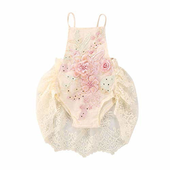 Picture of Newborn Infant Baby Girl Clothes Lace Halter Backless Jumpsuit Romper Bodysuit Sunsuit Outfits Set Beige