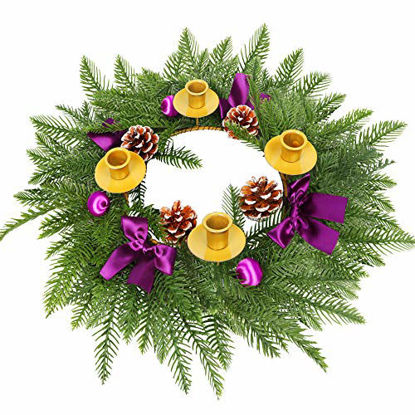Picture of FORUP 19" Traditional Christmas Advent Wreath, Purple Ribbon Advent Wreaths, Christmas Centerpiece Decorations, Advent Candle Holder Wreath and X-mas Candles Decorations