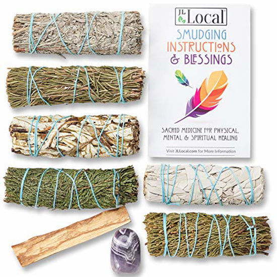 Picture of Sage Variety Pack - White Sage, Blue Sage, Yerba Santa, Cedar, Juniper & Palo Santo Smudge Sticks + Amethyst | Smudging Kit (Regular)