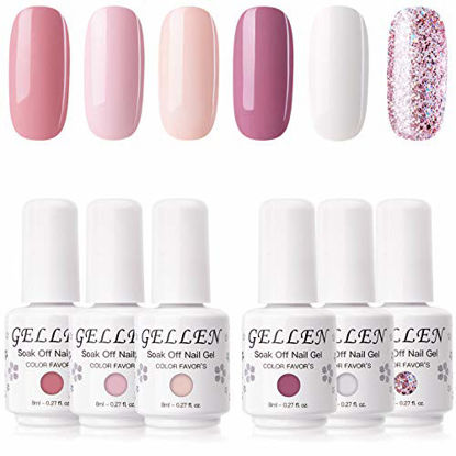 Picture of Gellen 6 Colors Gel Nail Polish Kit- Coral Peach Series Cute Pinks White Nail Polish, Popular Opaque Glitters Nail Art Designs Home Gel Manicure Set