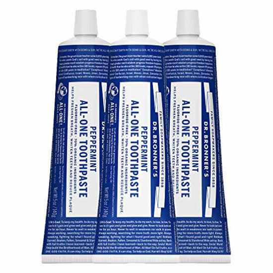 Picture of Dr. Bronners - All-One Toothpaste (Peppermint, 5 ounce, 3-Pack) - 70% Organic Ingredients, Natural and Effective, Fluoride-Free, SLS-Free, Helps Freshen Breath, Reduce Plaque, Whiten Teeth, Vegan