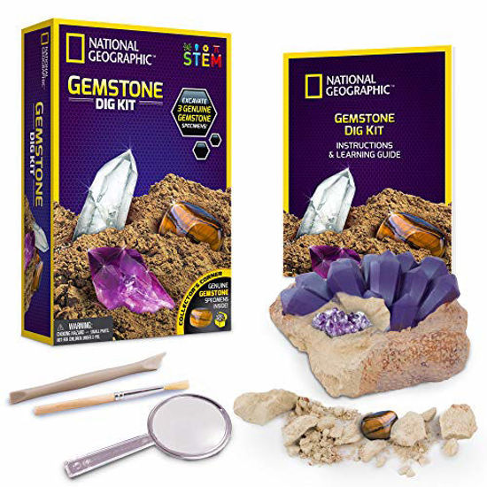 Picture of NATIONAL GEOGRAPHIC Gemstone Dig Kit - Excavate 3 real gems including Amethyst, Tigers Eye & Rose Quartz - Great STEM Science gift for Mineralogy and Geology enthusiasts of any age