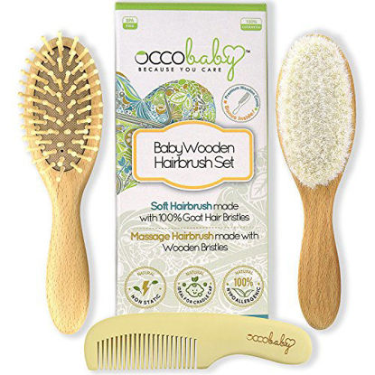 Picture of OCCObaby 3-Piece Wooden Baby Hair Brush and Comb Set for Newborns and Toddlers | Natural Soft Goat Bristles for Cradle Cap | Wood Bristles Baby Brush for Massage | Perfect for Baby Registry