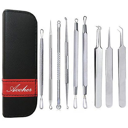 Picture of 9pcs Blackhead Remover Tool Kit, Aooher Professional Pimple Comedone Extractor Instrument Tool Set for for Pimples, Blackheads, Zit Removing, Forehead,Facial and Nose