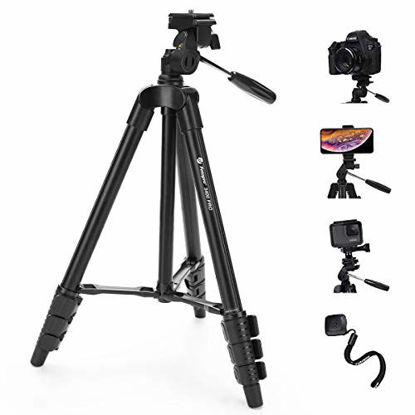 Picture of Fotopro Camera Tripod, 48" Phone Tripod with 3-Way Head, Lightweight Aluminum Tripod for iPhone, Samsung, 1/4 Screw Travel Tripod with Bluetooth Remote for DSLR Camera, Canon, Sony, Nikon