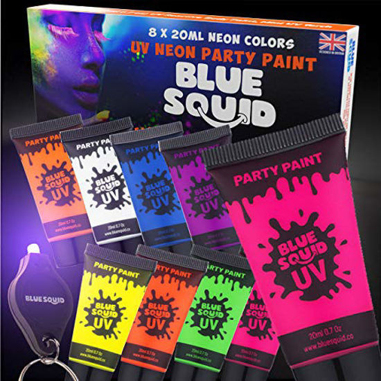 UV Face & Body Paint Set - Blue Squid, 8 Liquid UV Body Paints (8 Large 0.68 fl oz) +FREE Bonus Mini Ultraviolet Flashlight - Glow in The Dark Neon