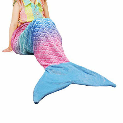 Picture of Catalonia Kids Mermaid Tail Blanket,Super Soft Plush Flannel Sleeping Snuggle Blanket for Girls,Rainbow Ombre,Fish Scale Pattern,Gift Idea