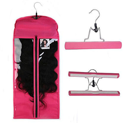 Picture of Portable Hair Extensions Carrier Holder Non-woven Dust-proof Suitcase Storage Bag with Wooden Hanger for Human Hair (Rose Red)