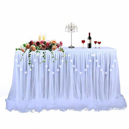 Picture of White Tulle Tutu Table Skirt for Baby Shower Wedding or Birthday Party,LED Table Skirt for Rectangle or Round Table(6 ft table skirt)