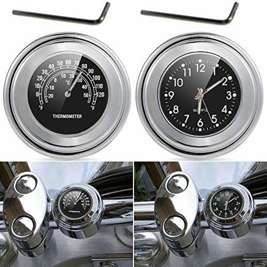 Picture of TESWNE7/8" 1" Motorcycle Handlebar Chrome White Dial Clock and Thermometer for Yamaha Kawasaki Honda Suzuki (Black)