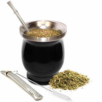 Picture of UPGRADED Yerba Mate Natural Gourd/Tea Cup Set (Original Traditional Mate Cup - 8 Ounces) | Includes 2 Bombillas (Yerba Mate Straws) & Cleaning Brush | Stainless Steel | Double-Walled | Easy to Clean
