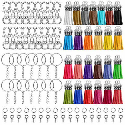 Picture of Keychain Tassles, Cridoz 300pcs Bulk Keychains Ring Set Includes 50pcs Tassels for Crafts, 50pcs Keychain Clips, 50pcs Key Chain Rings, 100pcs Jump Ring and 50pcs Screw Eye Pins for Acrylic Blank Keyc