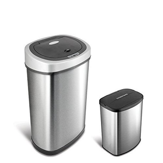 Picture of NINESTARS CB-DZT-50-9/8-1 Automatic Touchless Infrared Motion Sensor Trash Can Combo Set, 13 Gal 50L & 2 Gal 8L, Stainless Steel Base (Oval & Rectangular, Silver/Black Lid)