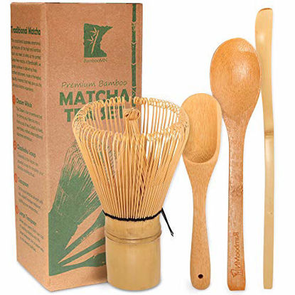 Picture of BambooMN Matcha Whisk Set - Golden Chasen (Tea Whisk) + Chashaku (Hooked Bamboo Scoop) + Tea Spoon - 1 Set - Premium Matcha Set to Prepare a Traditional Cup of Matcha