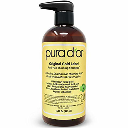 Picture of PURA D'OR Original Gold Label Anti-Thinning Biotin Shampoo (16oz) w/ Argan Oil, Nettle Extract, Saw Palmetto, Red Seaweed, 17+ DHT Herbal Actives, No Sulfates, Natural Preservatives, For Men & Women