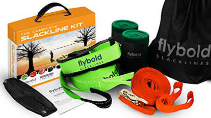 Picture of flybold Slackline Kit with Training Line Tree Protectors Ratchet Protectors Arm Trainer 57 feet Easy Set up Instruction Booklet and Carry Bag Complete Set Outdoor Fun for Family Adults Children Kids