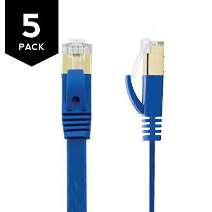 Picture of Buhbo 6 inch (0.5 ft) CAT7 Flat Ethernet Cable Shielded STP Network Snagless Cable RJ45 Cat 7 (5-Pack) Blue