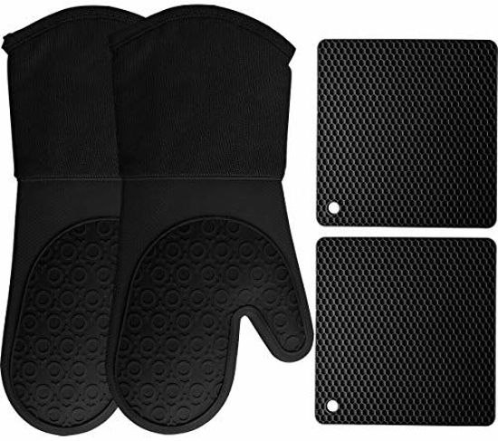 Picture of HOMWE Silicone Oven Mitts and Pot Holders, 4-Piece Set, Heavy Duty Cooking Gloves, Kitchen Counter Safe Trivet Mats, Advanced Heat Resistance, Non-Slip Textured Grip (Black)