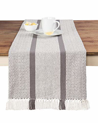 Picture of Sticky Toffee Cotton Woven Table Runner with Fringe, Traditional Diamond, Gray, 14 in x 72 in