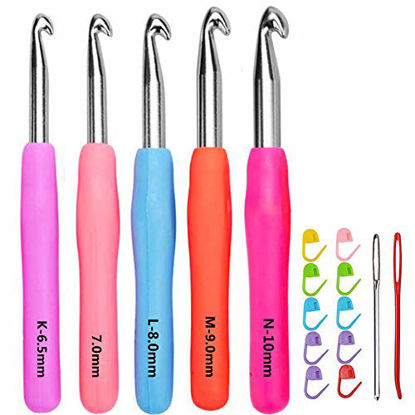 Picture of Size 6.5mm 7.0mm 8.0mm 9.0mm 10.0mm Crochet Hooks Set Ergonomic Grip Soft Handles Aluminum Crochet Hook Size K L M N/P in Case